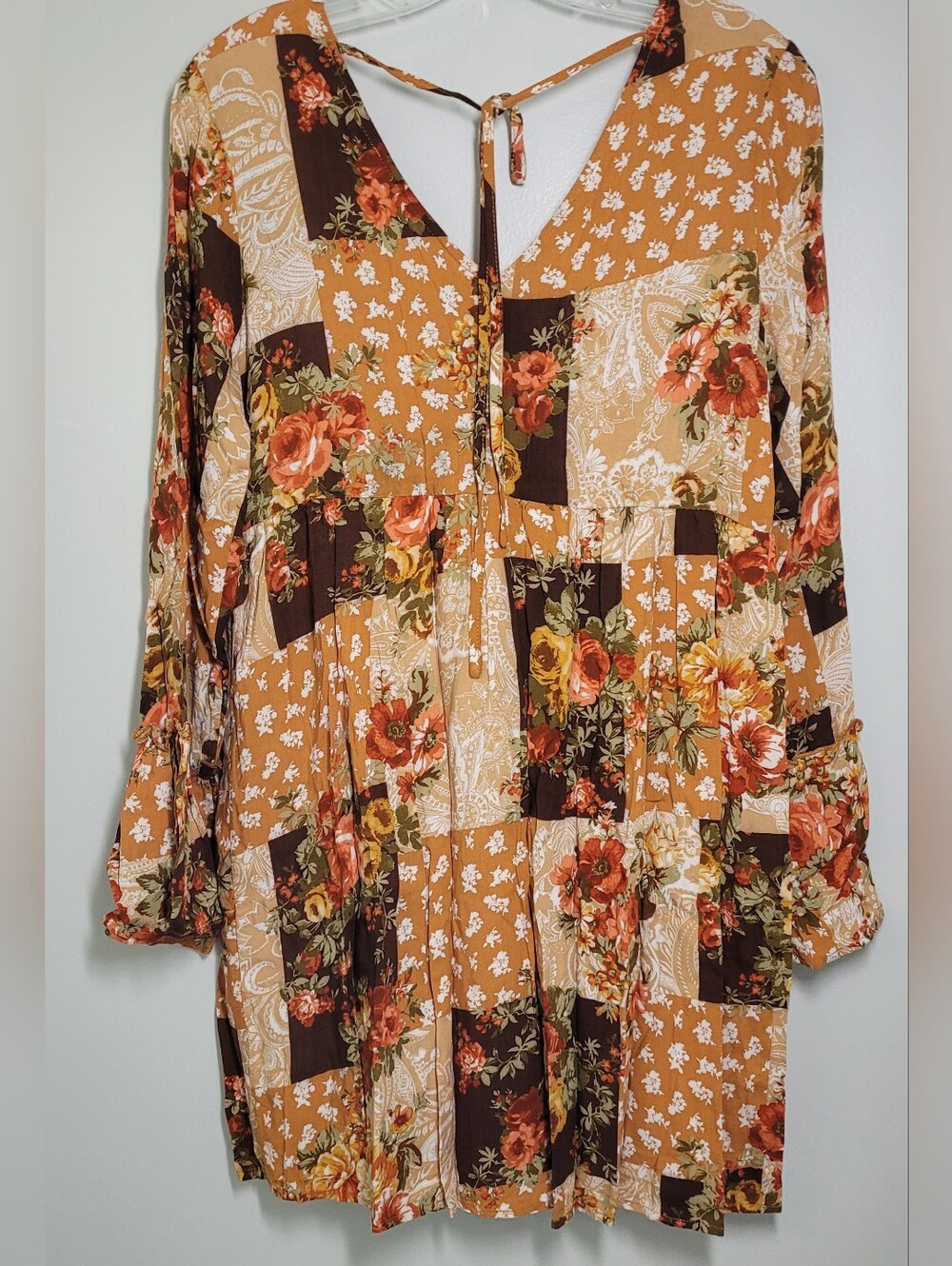Boho Patchwork Floral Dress Mustard, Burnt Orange & Brown Sm. Like New Wo Tags
